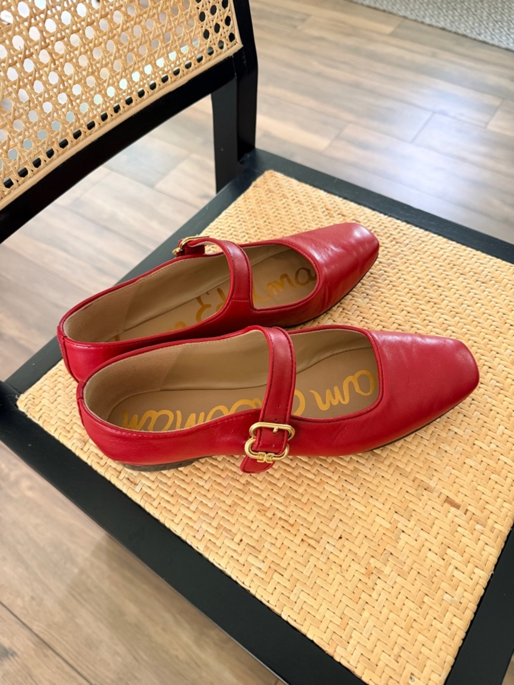 Sam Edelman Red Leather Mary Jane Flats with Gold Buckle